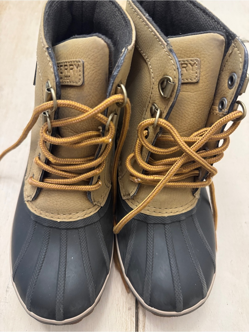 Sperry Kids Tan and Dark Gray Waterproof Duck Boots